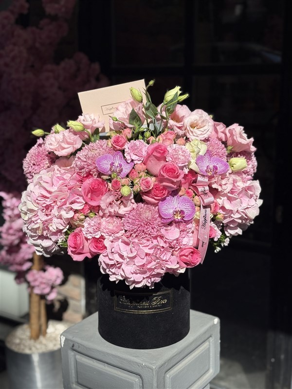 Angelina Siyah Kadife Kutuda Pembe Ortancalar ve Güller