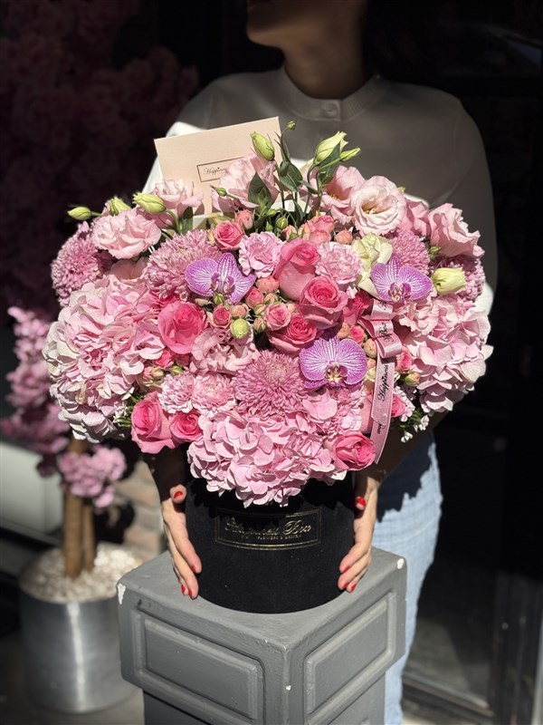 Angelina Siyah Kadife Kutuda Pembe Ortancalar ve Güller