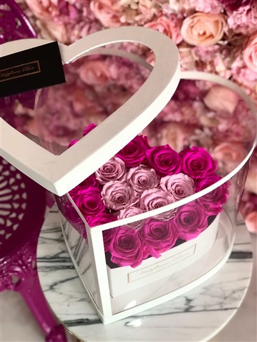 Beyaz Kalp Asetat Kutuda Pembe Solmayan Güller