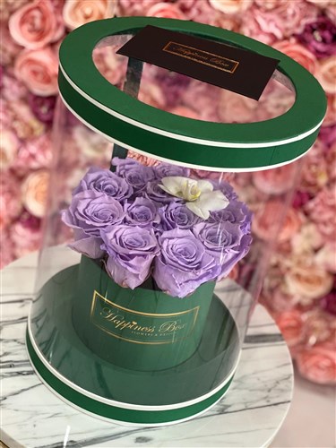 Haki Silindir Asetat Kutuda Lila Solmayan Güller