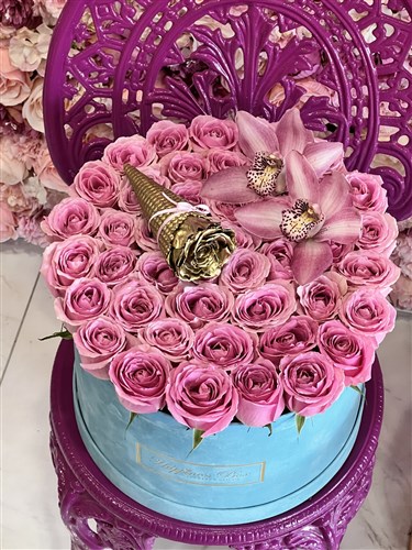 Mavi Kadife Mega Kutuda Pembe İthal Güller