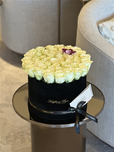 Royal Beyaz Güller Siyah Kadife Kutuda