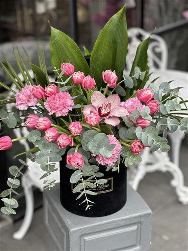 Siyah Kadife Kutuda Pembe Laleler