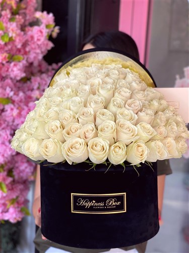 Siyah Kadife Mega Kutuda Bombeli Beyaz Güller