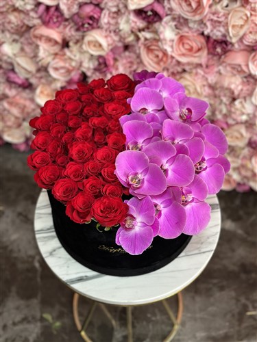 Siyah Kadife Mega Kutuda Kırmızı Güller ve Orkideler