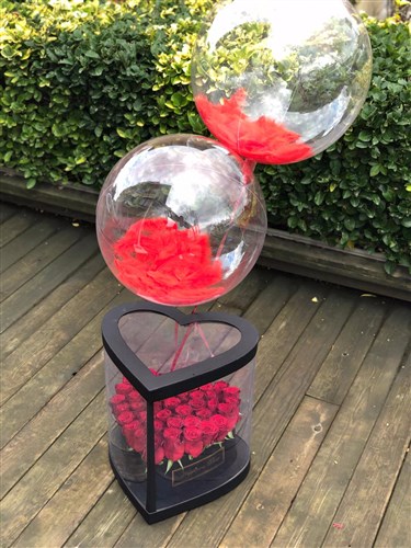 Siyah Kalp Asetat Kutuda Kırmızı Güller ve 2 Adet Tüylü Balon