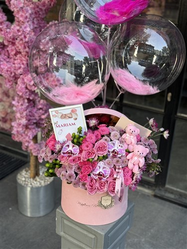 Yenidoğan Kız Bebek Tebrik Çiçeği ve Balonlar