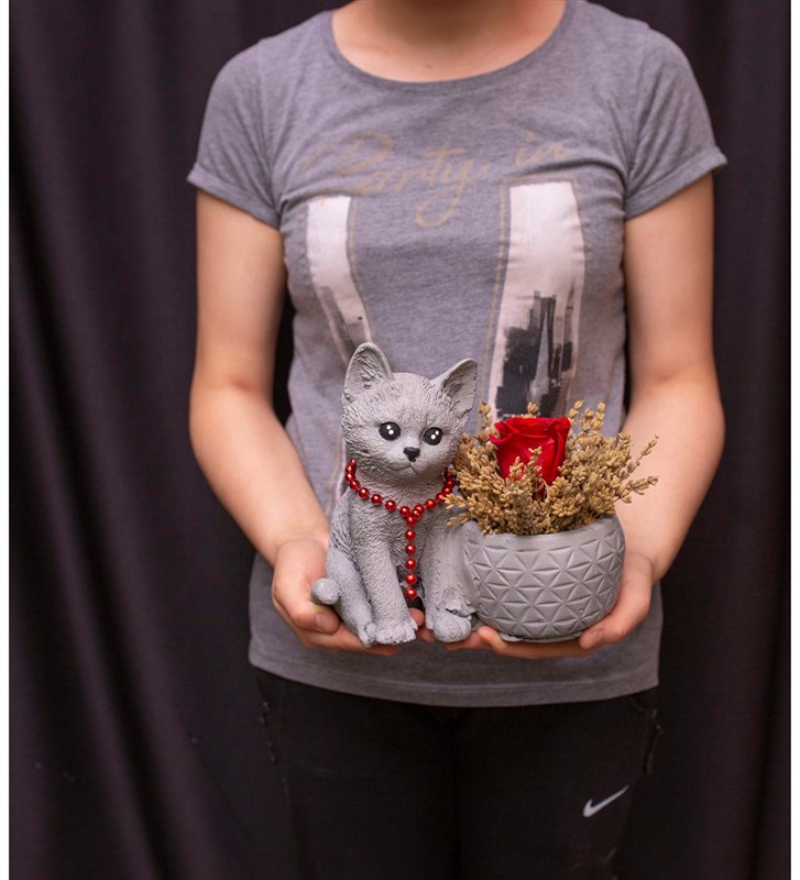 Sevimli Kedi Solmayan Gül ve Lavanta Tasarımı