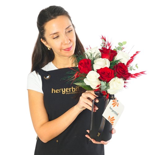 Elegant Duo (Red and White Roses in a Black Vase)