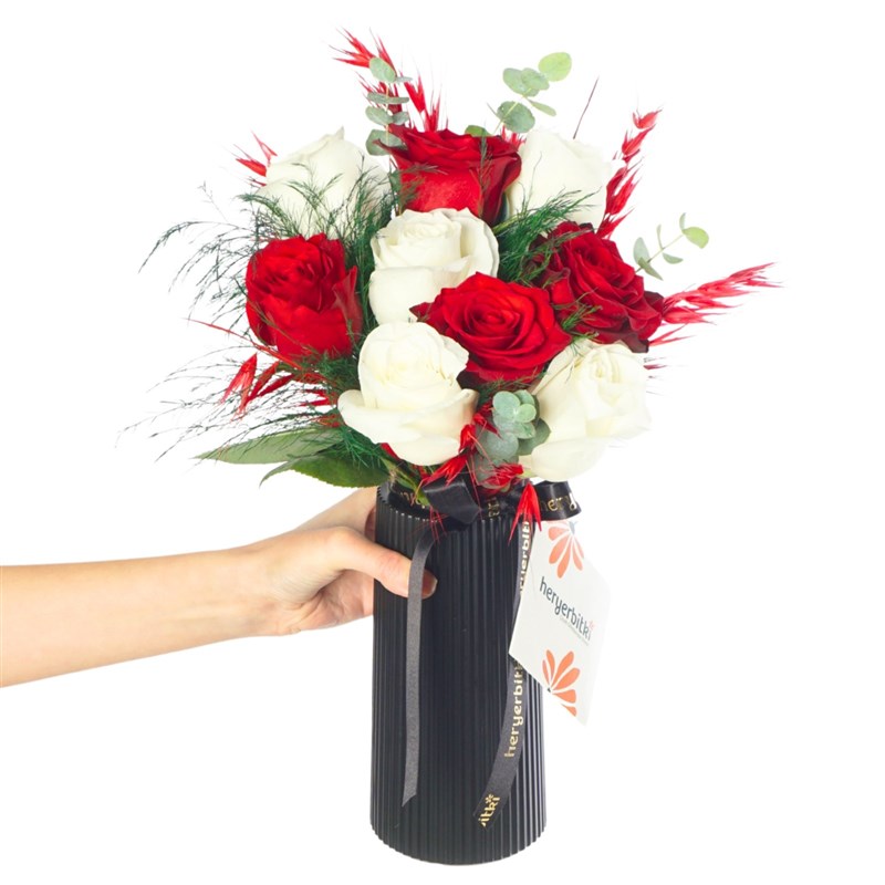 Elegant Duo (Red and White Roses in a Black Vase)