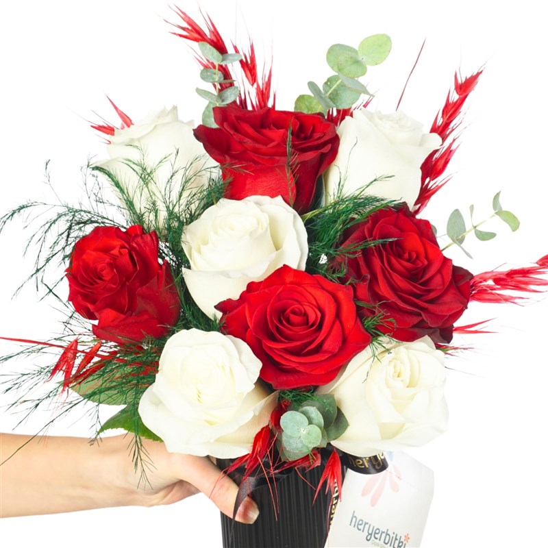 Elegant Duo (Red and White Roses in a Black Vase)