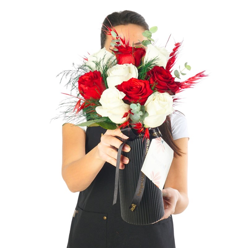 Elegant Duo (Red and White Roses in a Black Vase)