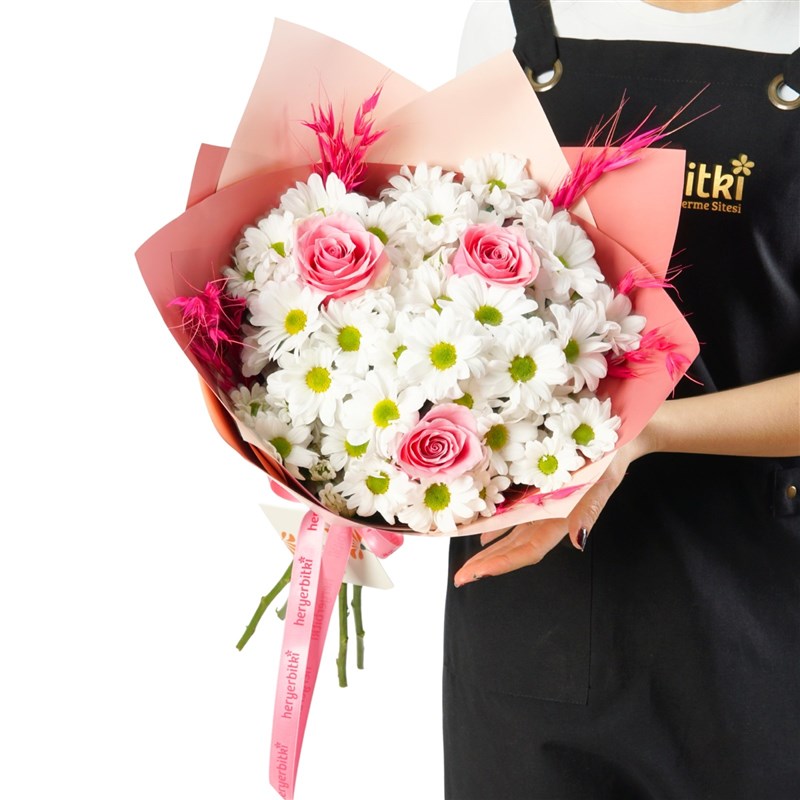 Pembe Gül Papatya Buketi (Sweet Pink Daisy)