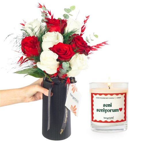 Kırmızı, Beyaz Gül Aranjmanı & Mum Seti