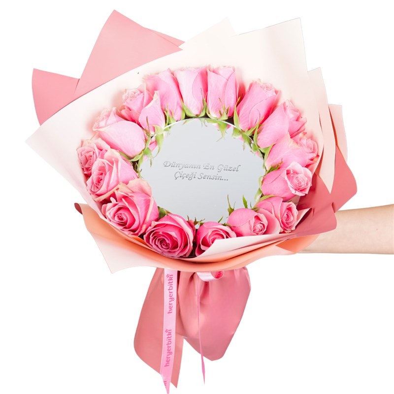 Premium Pink Mirror (Aynalı Pembe Çiçek Buketi )