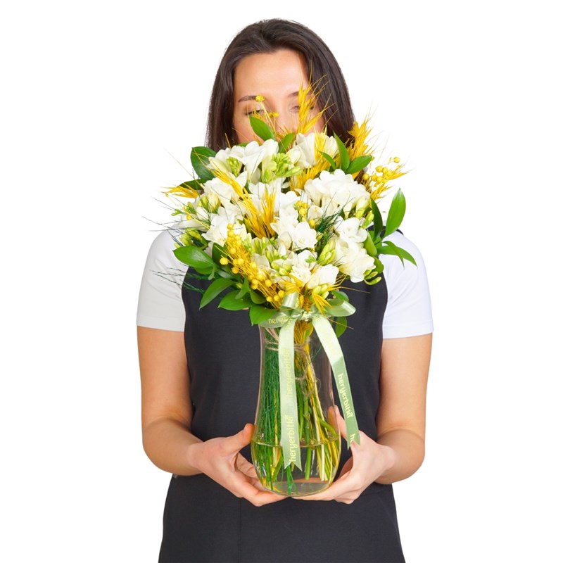White Freesia Arrangement in a Vase