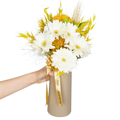 Bouquet of White Gerberas in a Beige Vase