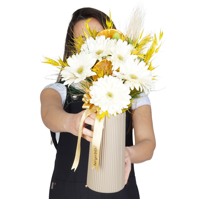 Bouquet of White Gerberas in a Beige Vase