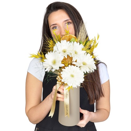 Bouquet of White Gerberas in a Beige Vase