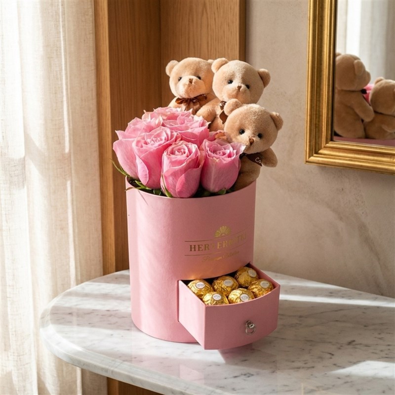 Premium Pink Box with Pink Roses, Teddy Bear and Ferrero Rocher