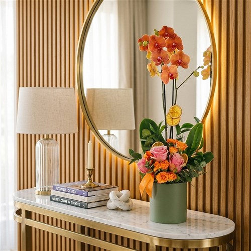 Yeşil Saksıda Coral Orkide ve Güller (Inspiration Bloom)