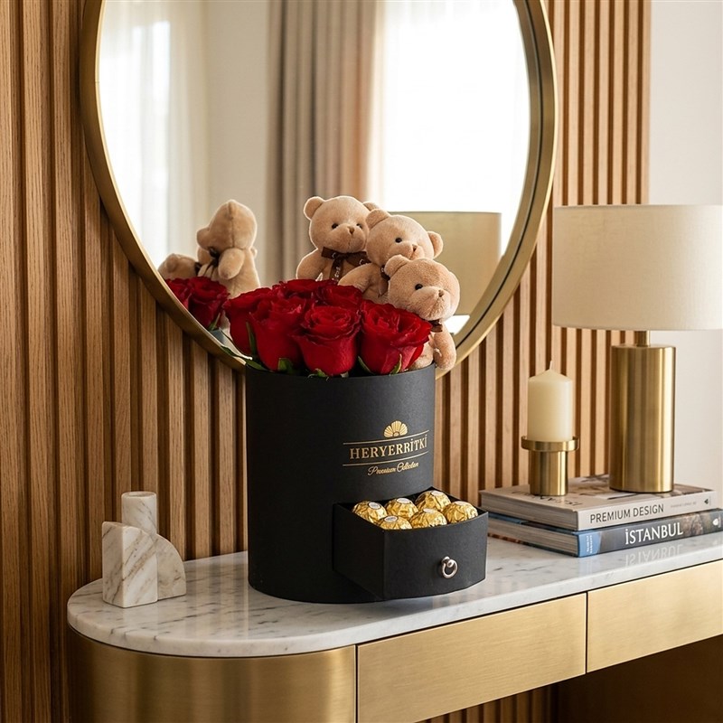 Premium Black Box with Red Roses, Teddy Bear, and Rocher