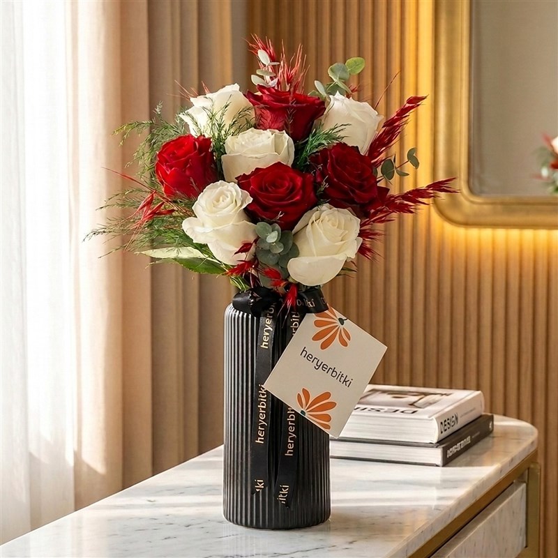 Elegant Duo (Red and White Roses in a Black Vase)