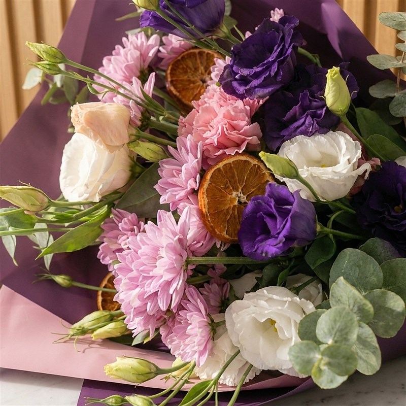 Lisyantus ve Papatya Buketi - Floral Violet