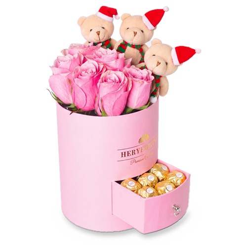 Premium Pembe Kutuda Pembe Güller, Yılbaşı Ayıcıkları ve Ferrero Rocher
