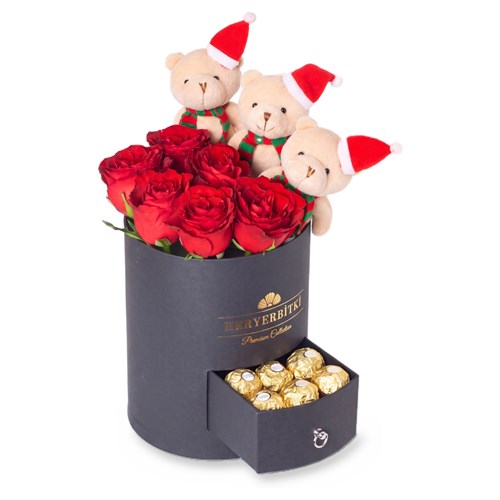 Premium Siyah Kutuda Kırmızı Güller, Yılbaşı Ayıcıkları ve Ferrero Rocher