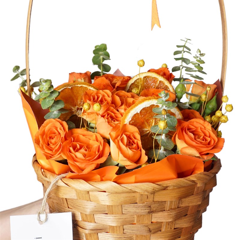 Orange Roses in a Basket Flower Arrangement