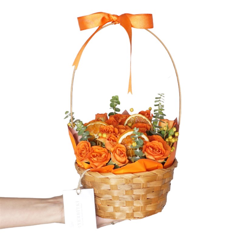 Orange Roses in a Basket Flower Arrangement
