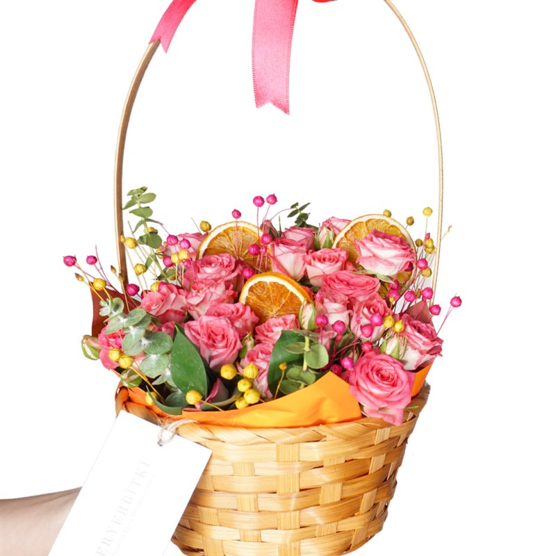 Pink Roses in a Basket Flower Arrangement
