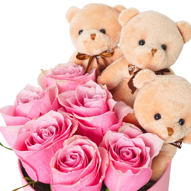 Premium Pink Box with Pink Roses, Teddy Bear and Ferrero Rocher