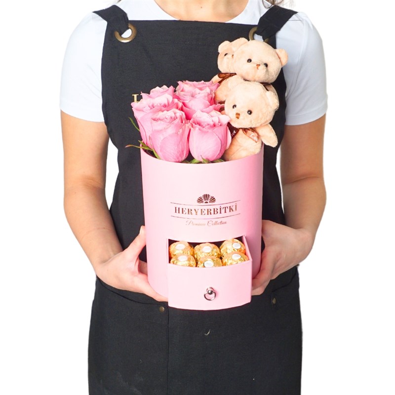 Premium Pink Box with Pink Roses, Teddy Bear and Ferrero Rocher