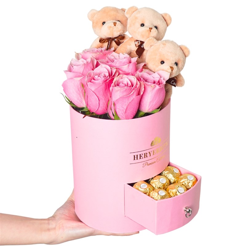 Premium Pink Box with Pink Roses, Teddy Bear and Ferrero Rocher