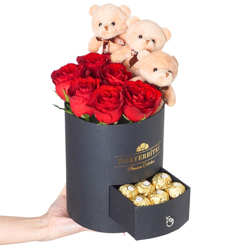 Premium Black Box with Red Roses, Teddy Bear, and Rocher