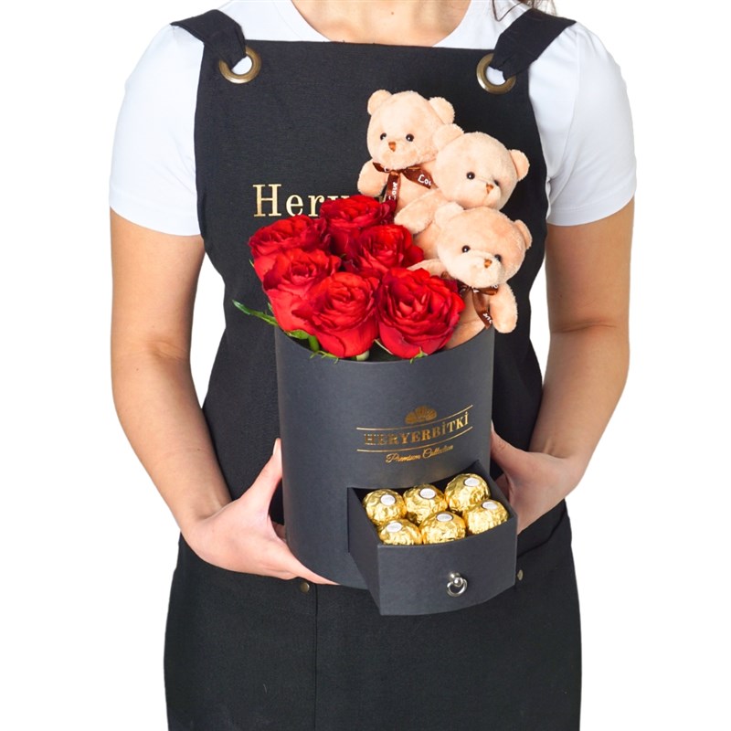 Premium Black Box with Red Roses, Teddy Bear, and Rocher