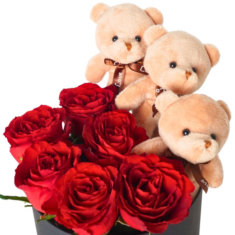 Premium Black Box with Red Roses, Teddy Bear, and Rocher