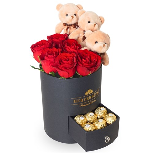Premium Siyah Kutuda Kırmızı Güller, Ayıcık ve Rocher