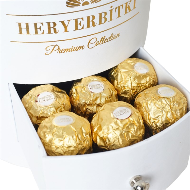 Premium Beyaz Kutuda Kırmızı Güller ve Rocher
