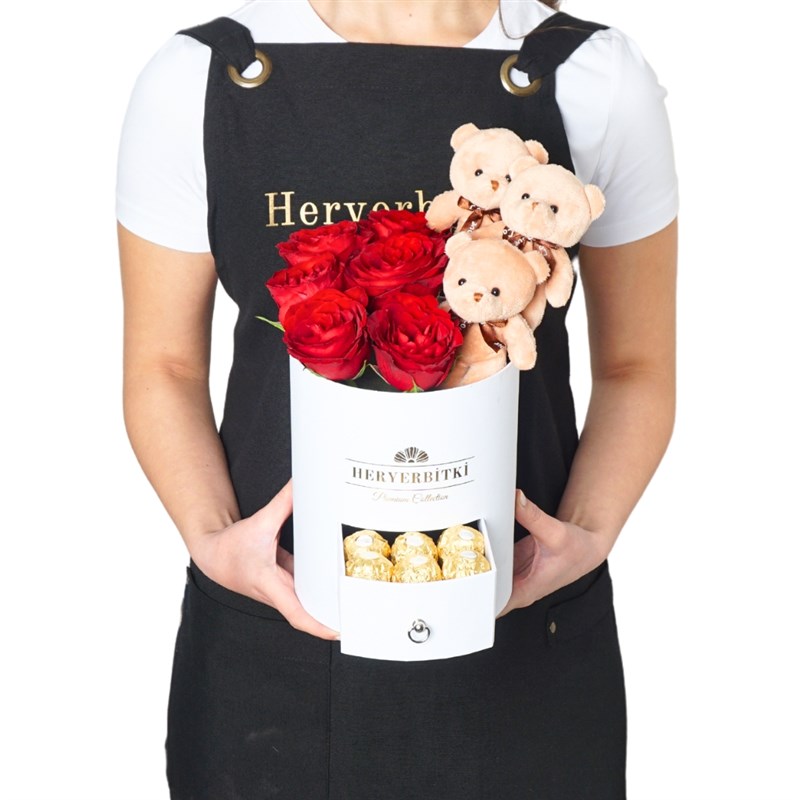 Premium White Box with Red Roses, Teddy Bear and Rocher
