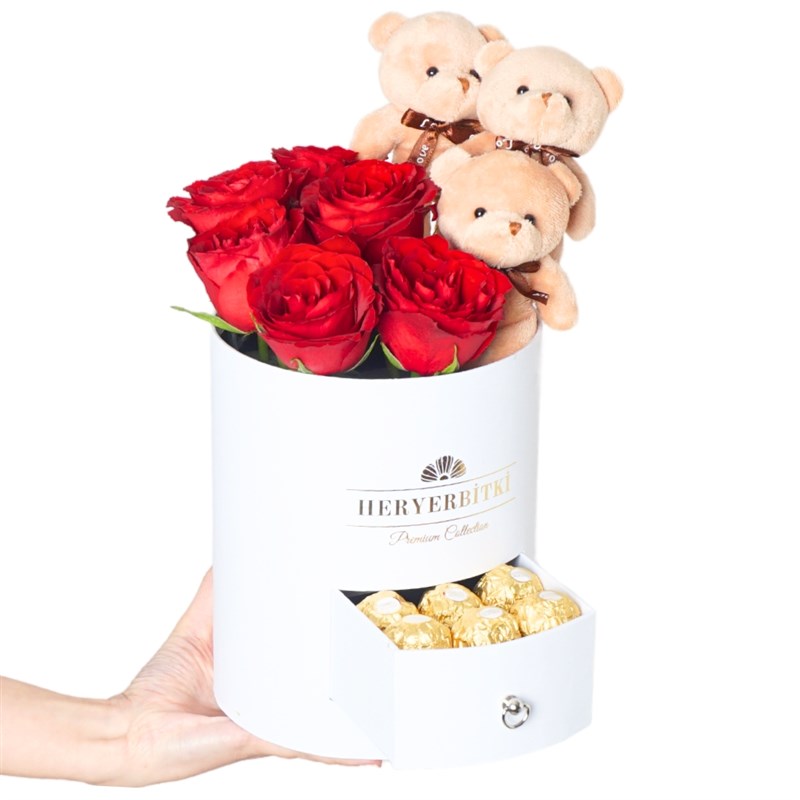 Premium White Box with Red Roses, Teddy Bear and Rocher