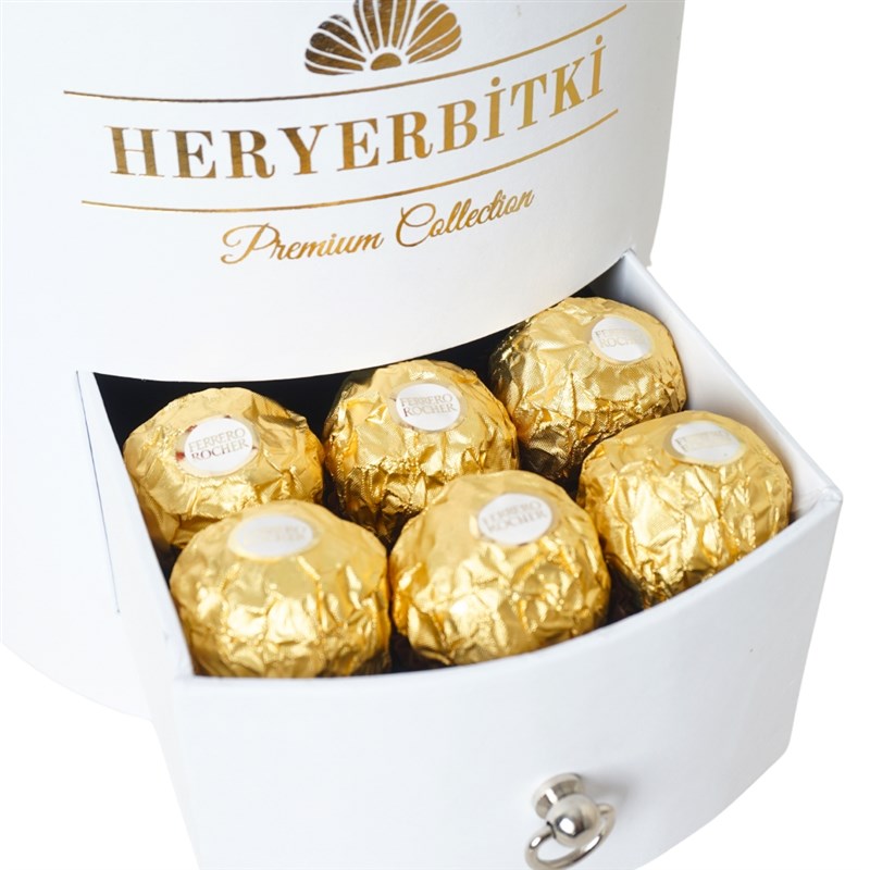 Premium White Box with Red Roses, Teddy Bear and Rocher
