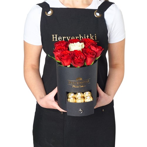 Premium Black Box with Red and White Roses and Ferrero Rocher