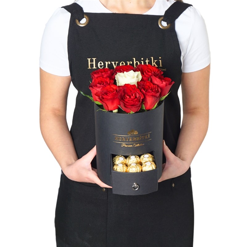 Premium Black Box with Red and White Roses and Ferrero Rocher