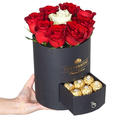 Premium Black Box with Red and White Roses and Ferrero Rocher