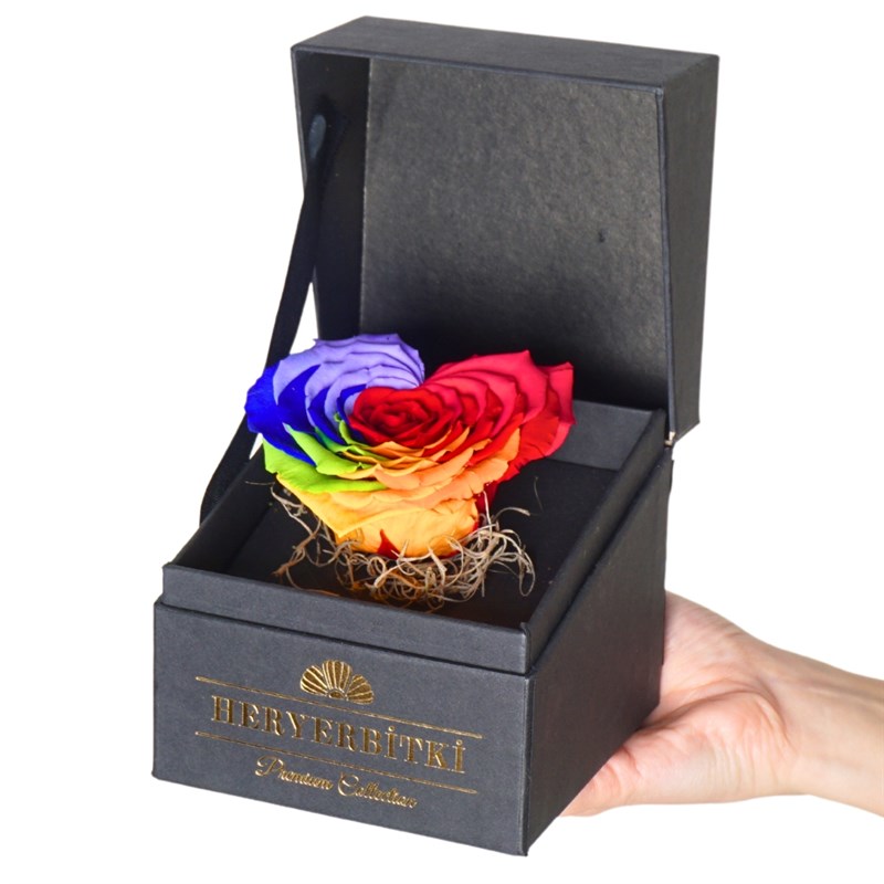 Premium Kutuda Rainbow Kalp Solmayan Gül