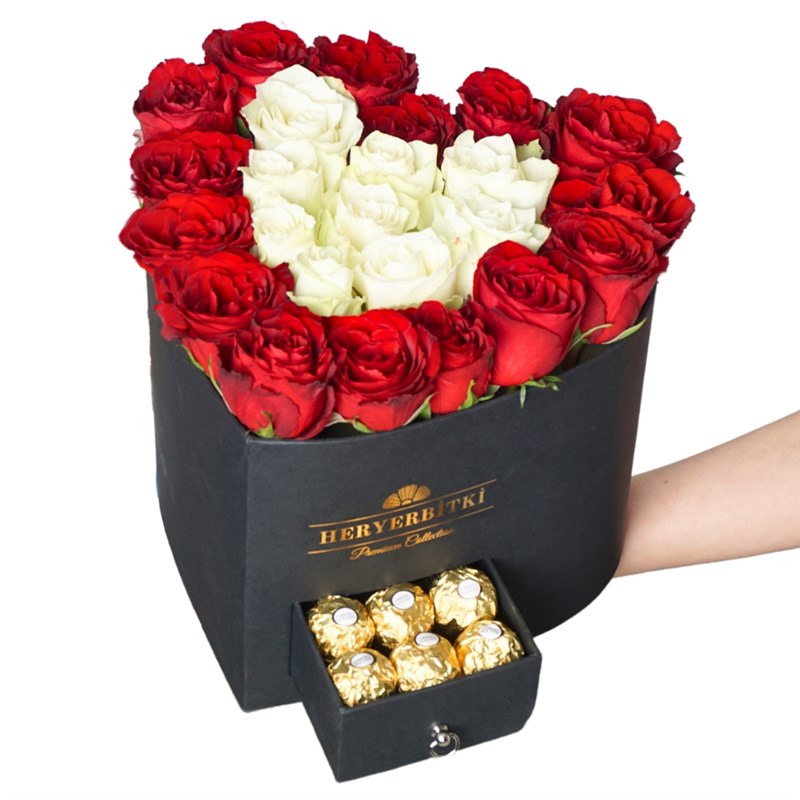 Premium Heart-Shaped Box with Red and White Roses and Ferrero Rocher