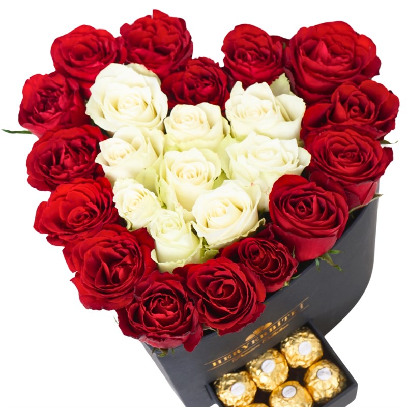 Premium Heart-Shaped Box with Red and White Roses and Ferrero Rocher